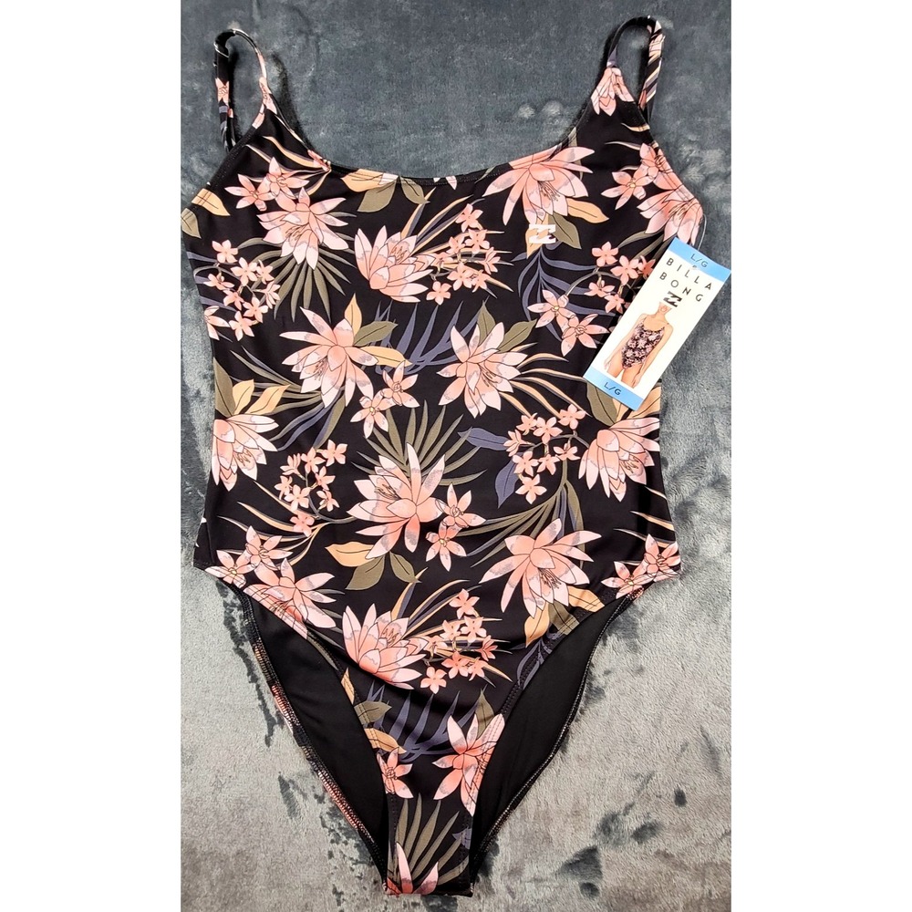NWT Billabong One-Piece Swimsuit Women's Black Floral‎ Stretch Summer Size L